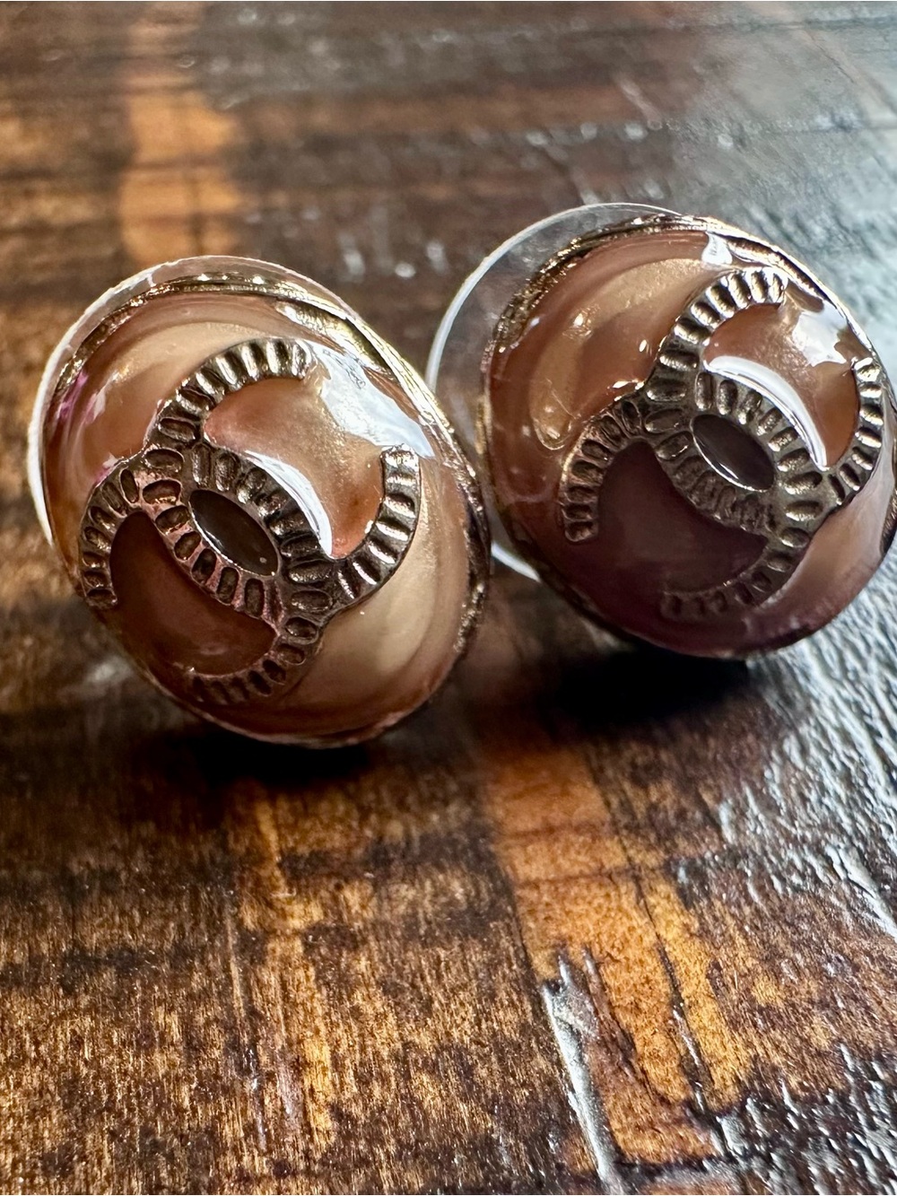 CHANEL Cream CC Button Earrings
